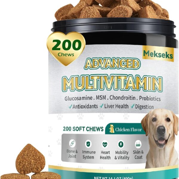 Advanced 24-in-1 Multivitamin Chews for Dogs - 200 Soft Chewable All-in-One Vitamin Support Supplement for Dog Skin Coat Itch Relief, Joints, Gut Health, 12 Essential Vitamins Treats with Omega-3