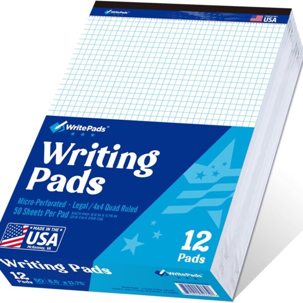 Legal note pads Legal Pad Quad Ruled Note Pads, Graph Ruled 8.5x11 inch Legal Pad, Quad (4x4) Paper Writing Pads, White 12 pads, BL-MWT50Q-12, Made In The USA.