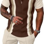UOUA Mens Summer Track Suits 2 Piece Shorts Sets Short Sleeve Sweatsuit Outfits 1/4 Zip Golf Polo Splicing Striped Shirts