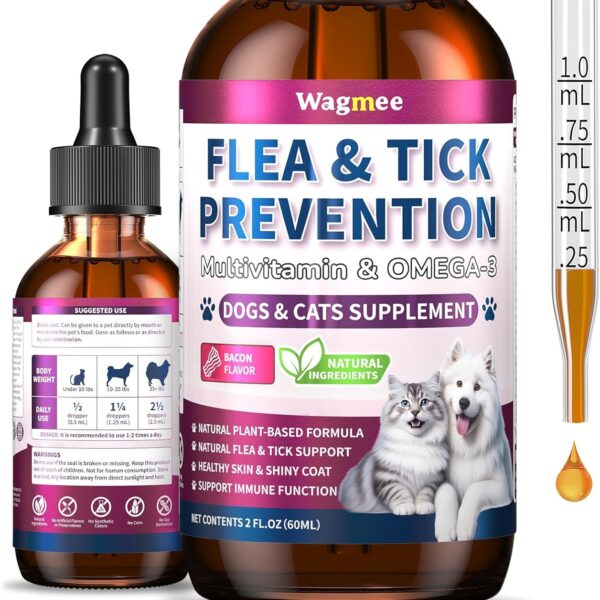 Flea & Tick Prevention for Dog and Cat, Natural Oral Flea & Tick Support Drops with Multivitamin Omega-3 for Pets - Supports Healthy Skin & Coat - Flea Herbal Drops All Breeds and Sizes - Bacon