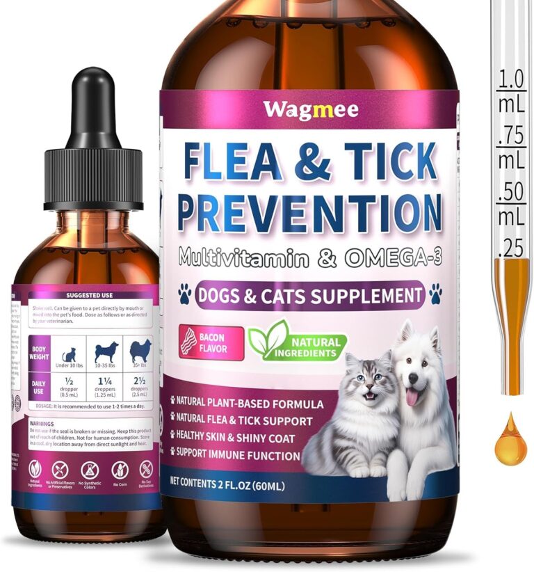 Flea & Tick Prevention for Dog and Cat, Natural Oral Flea & Tick Support Drops with Multivitamin Omega-3 for Pets - Supports Healthy Skin & Coat - Flea Herbal Drops All Breeds and Sizes - Bacon