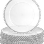 Lawei 12 Pack Clear Plastic Charger Plates with Bead Rim, 13 Inch Plastic Round Serving Plates Decor Dinner Plates for Party Wedding Events Dinner Decoration