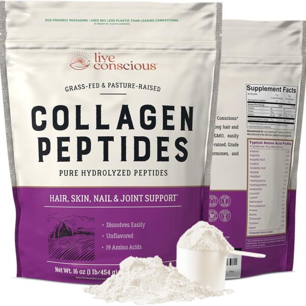 Live Conscious Collagen Peptides Powder - Naturally-Sourced Hydrolyzed Collagen Powder - Hair, Skin, Nail, and Joint Support - Type I & III Grass-Fed Collagen Supplements for Women and Men - 16oz