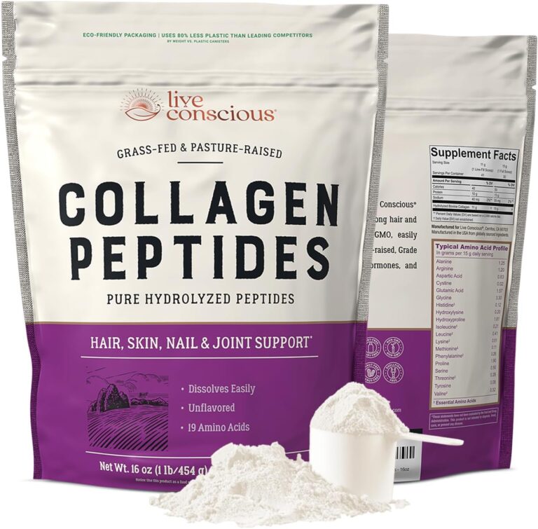 Live Conscious Collagen Peptides Powder - Naturally-Sourced Hydrolyzed Collagen Powder - Hair, Skin, Nail, and Joint Support - Type I & III Grass-Fed Collagen Supplements for Women and Men - 16oz