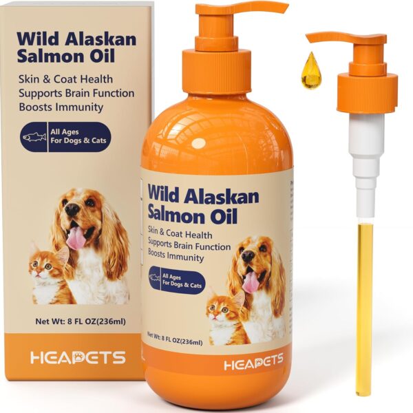 Wild Alaskan Salmon Oil for Dogs & Cats, Fish Oil Omega 3 Supplements with EPA & DHA for Skin & Coat, Immune, Brain, Joint and Heart Health, Dog & Cat Fish Oil Supplements with Pump- 8 oz