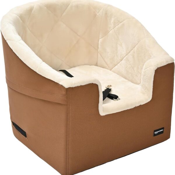 Amazon Basics Dog Car Seat Booster for Small Dogs up to 25lbs, Washable Removable Cover, Safety Leash, Elevated View for Window, 18" x 18" x 16", Tan