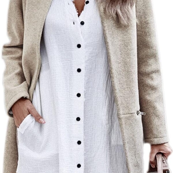 Angashion Womens Coat, Long Sleeve Stand Collar Cardigan Mid-Long Open Front Outwear Overcoat with Zipper Pockets