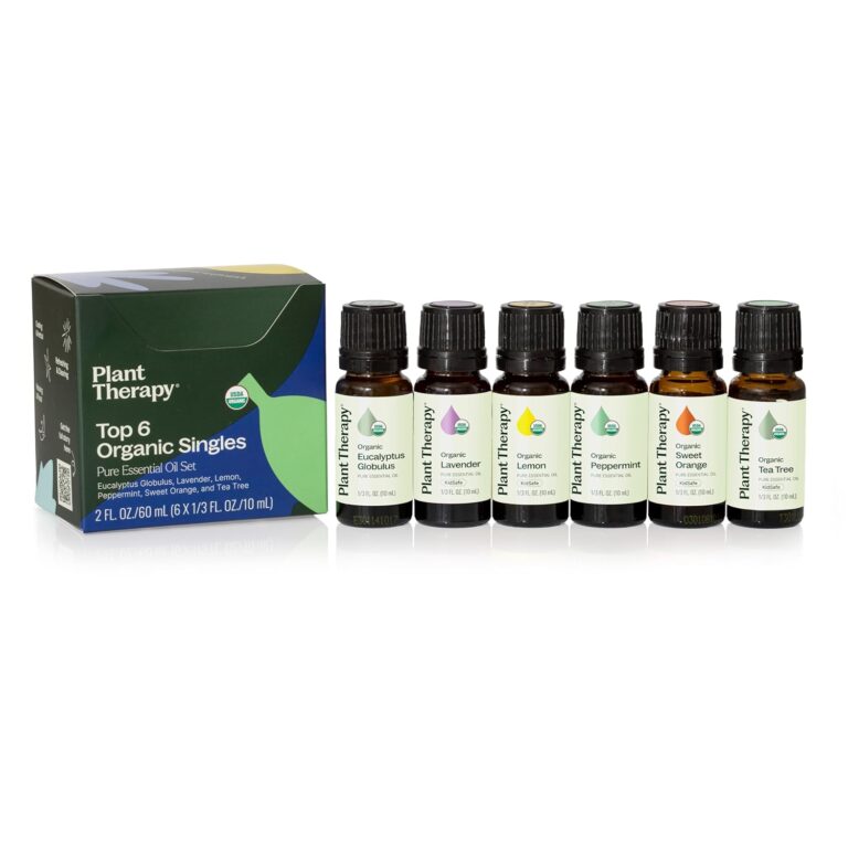 Plant Therapy Top 6 USDA Organic Essential Oil Set - Lavender, Peppermint, Eucalyptus, Lemon, Tea Tree 100% Pure, Natural Aromatherapy, for Diffusion & Topical Use, Therapeutic Grade 10 mL (1/3 oz)