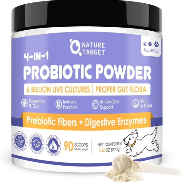 NATURE TARGET Probiotics for Dogs - Dog Probiotics, Plus Prebiotic, Digestive Enzymes, Fiber, Support Gut, Immune Health, 6 Billion CFU Dog Probiotic Powder, Relieve Diarrhea, Loose Stool, 90 Scoops