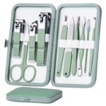 Manicure Set 10 in 1 Stainless Steel, Nail Clippers Scissors Pedicure Tools Kit - Portable Travel Grooming Kit for Men and Women with Leather Case (Jade Green)