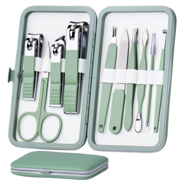Manicure Set 10 in 1 Stainless Steel, Nail Clippers Scissors Pedicure Tools Kit - Portable Travel Grooming Kit for Men and Women with Leather Case (Jade Green)