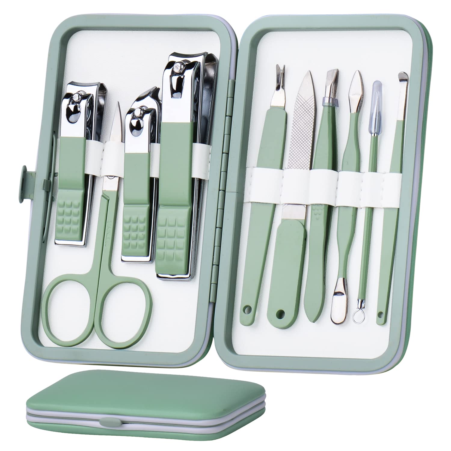 Manicure Set 10 in 1 Stainless Steel, Nail Clippers Scissors Pedicure Tools Kit - Portable Travel Grooming Kit for Men and Women with Leather Case (Jade Green) Manicure Set 10 in 1 Stainless Steel, Nail Clippers Scissors Pedicure Tools Kit - Portable Travel Grooming Kit for Men and Women with Leather Case (Jade Green)