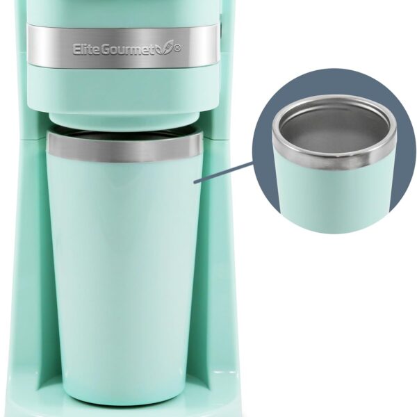 Elite Gourmet EHC113M Personal Single-Serve Compact Coffee Maker Brewer Includes 14Oz. Stainless Steel Interior Thermal Travel Mug, Compatible with Coffee Grounds, Reusable Filter, Mint