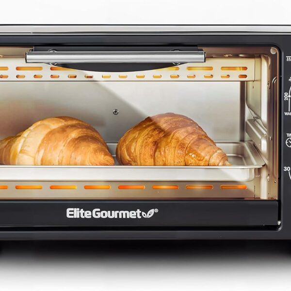 Elite Gourmet ETO490 9L/4 Slice Countertop Toaster Oven with 30-Minute Timer, Adjustable Temperature Control, Includes Baking Pan and Wire Rack, Bake, Broil, Toast, Black