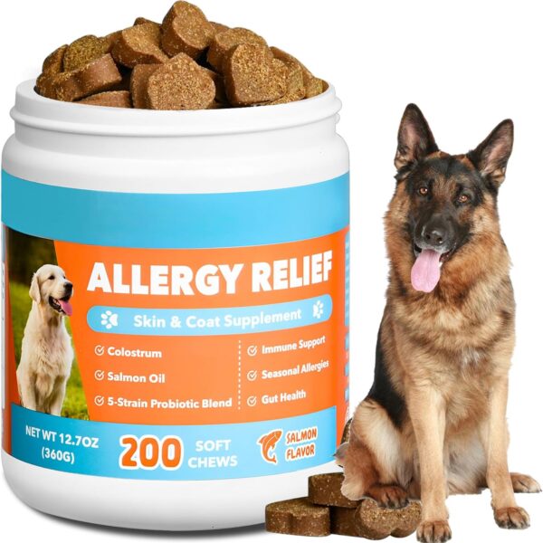 Dog Allergy and Immune Chews 200PCs Skin and Coat Itchy Relief Anti Itch Immune Bites for Dogs, Helps Repair Skin Ears Paw Licking, 5 Probiotics Blend Gut Health for Sensitive Seasonal Allergies