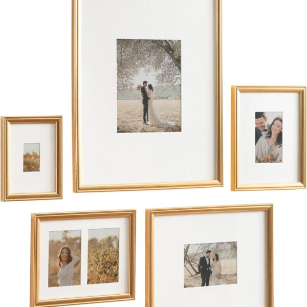 Kate and Laurel Adlynn Traditional Picture Frame Set, Set of 5, Varying Sizes, Vintage Gold, Classic Wall Frame Set Collection with Hanging Template for Gallery Wall Picture Frame Display
