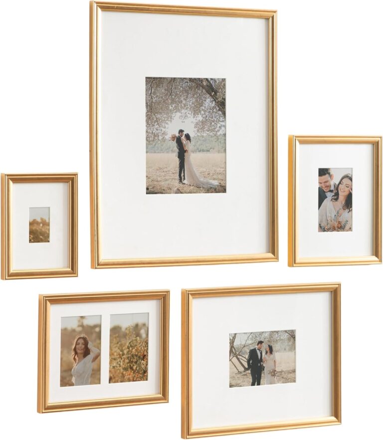 Kate and Laurel Adlynn Traditional Picture Frame Set, Set of 5, Varying Sizes, Vintage Gold, Classic Wall Frame Set Collection with Hanging Template for Gallery Wall Picture Frame Display
