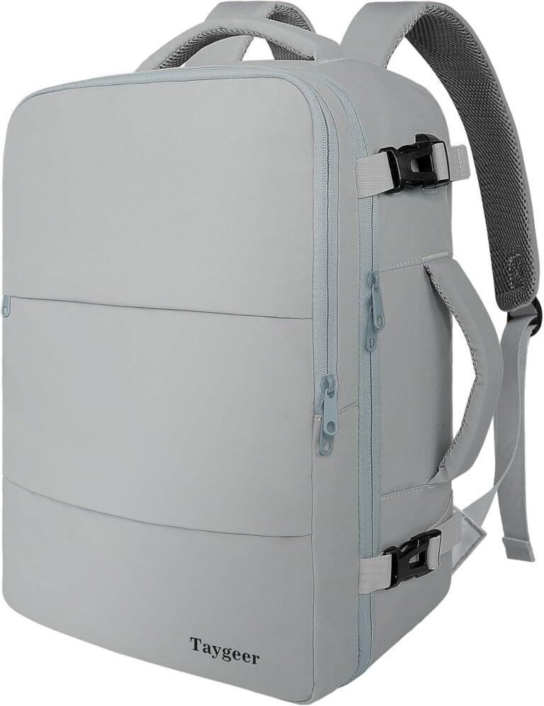 Taygeer Carry On Backpack for Men Women, Travel Backpack with Water Bottle Pocket & Shoe Pouch, Laptop Mochila 17.3inch Flight Approved, College Teacher Tote Bag for Business Travel, Grey