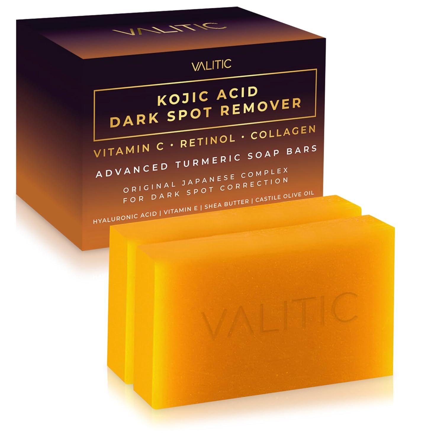 VALITIC Kojic Acid Dark Spot Remover Soap Bars with Vitamin C, Retinol, Collagen, Turmeric - Original Japanese Complex Infused with Hyaluronic Acid, Vitamin E, Shea Butter, Castile Olive Oil (2 Pack) VALITIC Kojic Acid Dark Spot Remover Soap Bars with Vitamin C, Retinol, Collagen, Turmeric - Original Japanese Complex Infused with Hyaluronic Acid, Vitamin E, Shea Butter, Castile Olive Oil (2 Pack)