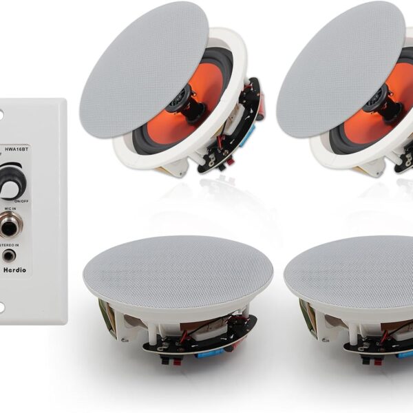 Herdio 6.5'' Bluetooth in Wall in Ceiling Speakers 600W 2-Way Flush Mount Speakers System with Wall Amplifier Receiver for Home Theater Office (2Pairs, Paintable-Grille)