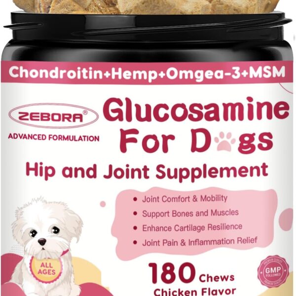 Glucosamine for Dogs - Joint Supplement for Dogs with Chondroitin, MSM, Omega 3, Hemp, Turmeric for Dog Joint Pain Relief, Dog Joint Supplement with Calcium Support Cartilage & Bone Health, 180 Chews