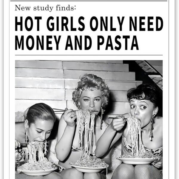Vintage Women Times Newspaper Canvas Wall Art Black and White Aesthetic Poster Funky Hot Girl Eating Pasta Fashion Prints for Italian Kitchen Bar Cart Girly Dorm Room Art Posters 12x16inch Unframed