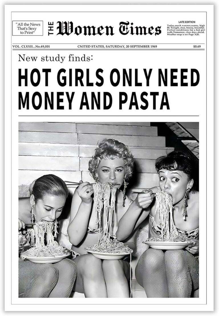 Vintage Women Times Newspaper Canvas Wall Art Black and White Aesthetic Poster Funky Hot Girl Eating Pasta Fashion Prints for Italian Kitchen Bar Cart Girly Dorm Room Art Posters 12x16inch Unframed