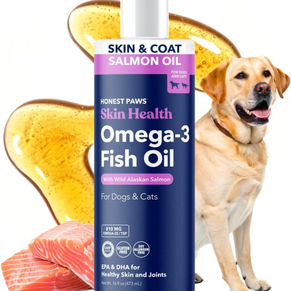 Honest Paws Salmon Oil for Dogs & Cats  Omega 3 Fish Oil Supplement for Skin, Coat, Joint & Heart Health  Natural, Sustainably Sourced Wild Alaskan Salmon, 16 oz