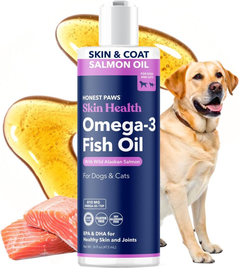 Honest Paws Salmon Oil for Dogs & Cats  Omega 3 Fish Oil Supplement for Skin, Coat, Joint & Heart Health  Natural, Sustainably Sourced Wild Alaskan Salmon, 16 oz