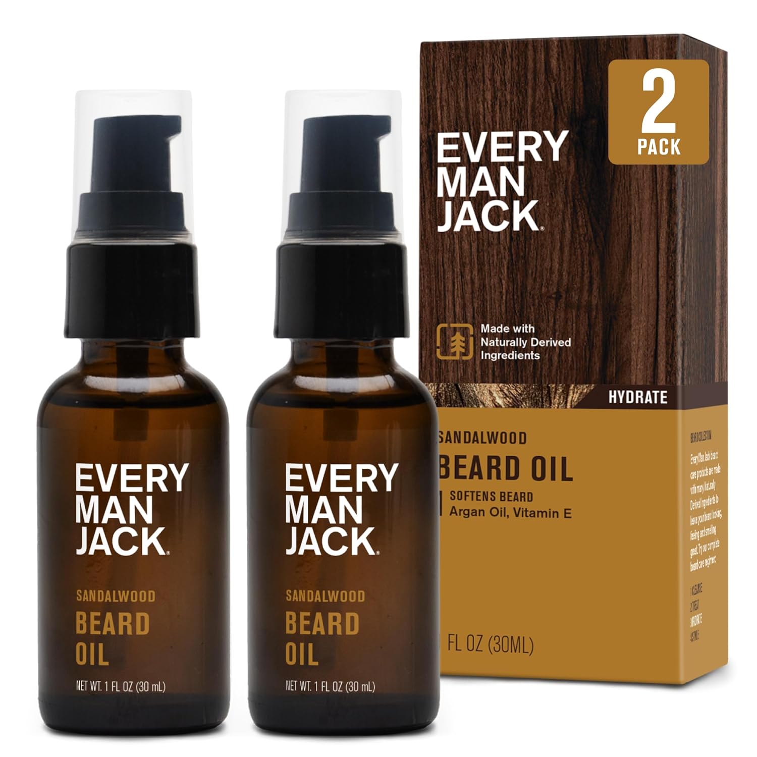 Every Man Jack Sandalwood Beard Oil - Moisturize & Soften Your Beard - Relieve Itch and Flakes - Made w/Naturally Derived Ingredients like Vitamin E, Argan Oil, and Borage Oil - 1 oz - 2 Pack Every Man Jack Sandalwood Beard Oil - Moisturize & Soften Your Beard - Relieve Itch and Flakes - Made w/Naturally Derived Ingredients like Vitamin E, Argan Oil, and Borage Oil - 1 oz - 2 Pack