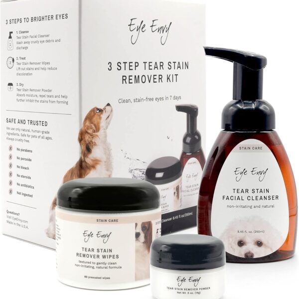 Eye Envy 3 Step Tear Stain Remover Kit for Dogs. for Clean, Stain-Free Eyes. Contains: Cleanser, Tear Stain Eye Wipes & Stain Powder. Non-irritating & Natural Dog Tear Stain Remover