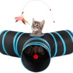 Loves Cabin Cat Tunnel for Indoor Cats, 3-Way Collapsible Play Tunnel with Teaser Wand, Peek Holes & Toy Ball, Small Pet Toy for Kittens & Rabbits, Black & Blue, Small Size