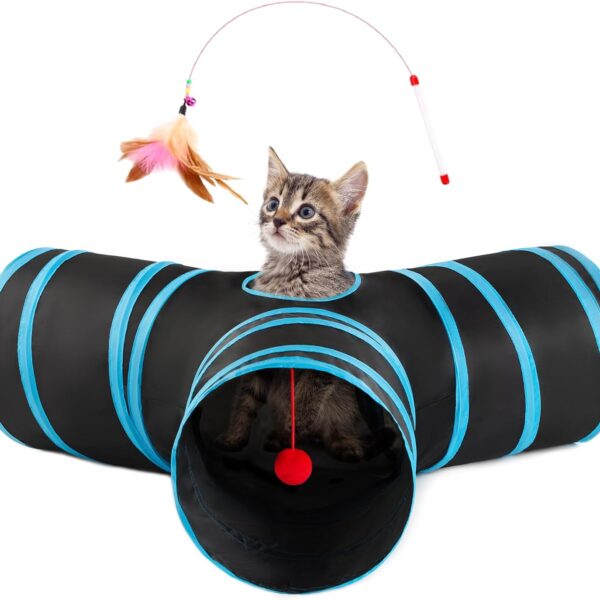 Loves Cabin Cat Tunnel for Indoor Cats, 3-Way Collapsible Play Tunnel with Teaser Wand, Peek Holes & Toy Ball, Small Pet Toy for Kittens & Rabbits, Black & Blue, Small Size