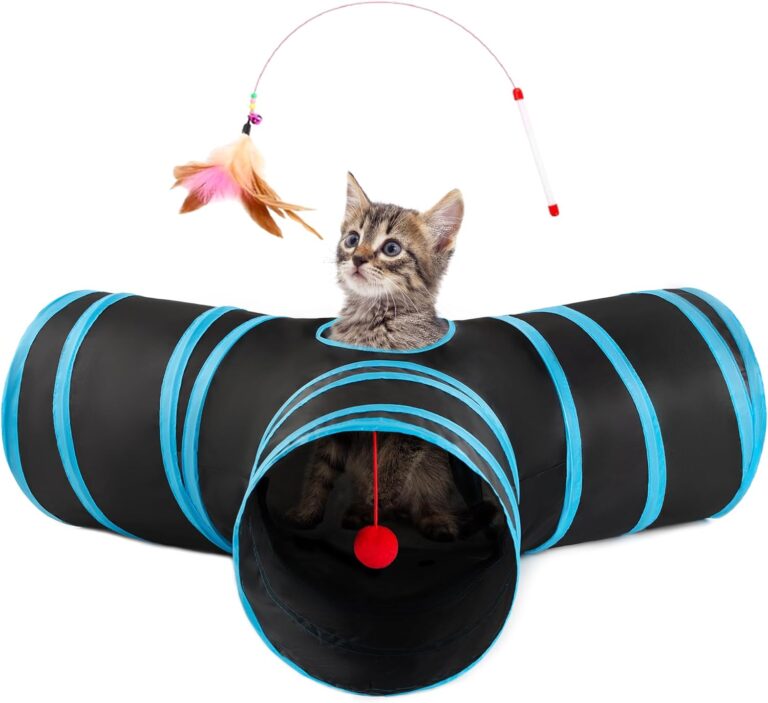 Loves Cabin Cat Tunnel for Indoor Cats, 3-Way Collapsible Play Tunnel with Teaser Wand, Peek Holes & Toy Ball, Small Pet Toy for Kittens & Rabbits, Black & Blue, Small Size