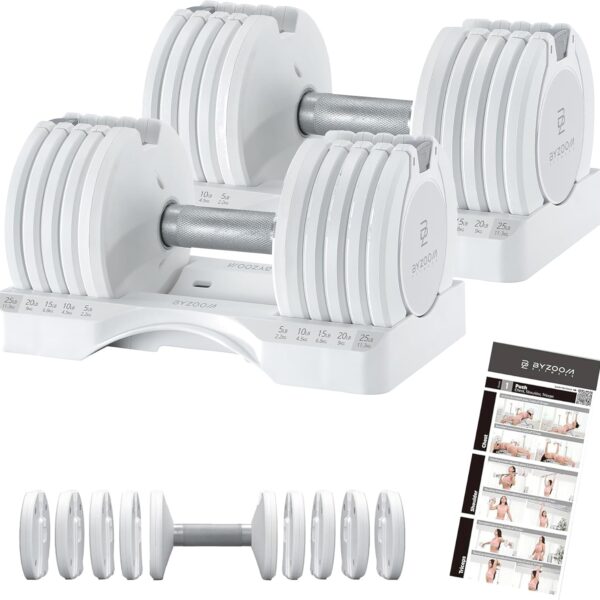 BYZOOM FITNESS Pure Series Adjustable Dumbbell - 12.5/25/27.5/75lb - ONE UNIT OR PAIR(check QTY before purchase) - 5-in-1/ 10-in-1 / 21-in-1 Flexible Hand Weights for Home Gym, Strength Training & Fitness Workouts, White OR Black