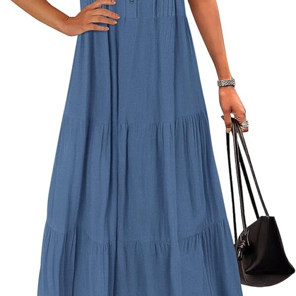 KIRUNDO Summer Maxi Dresses for Women 2026 Spring Fashion Short Sleeve Button V Neck Pleated Loose Tiered Swing Flowy Dress