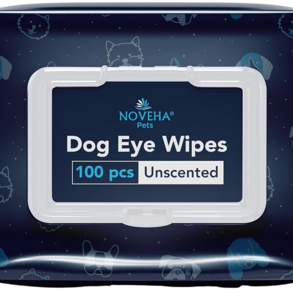 NOVEHA 100PCs Dog Eye Wipes - Tear Stain Remover for Dogs - Formulated with Chamomile and Aloe to Remove Eye Debris, Tear Stains & Eye Discharge - Plant Based, Safe, and Large 5"x5" Unscented Wipes