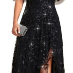 Ever-Pretty Women's Sequin Short Sleeve Plus Size Formal Dresses A Line High Low Slit V Neck Evening Dress