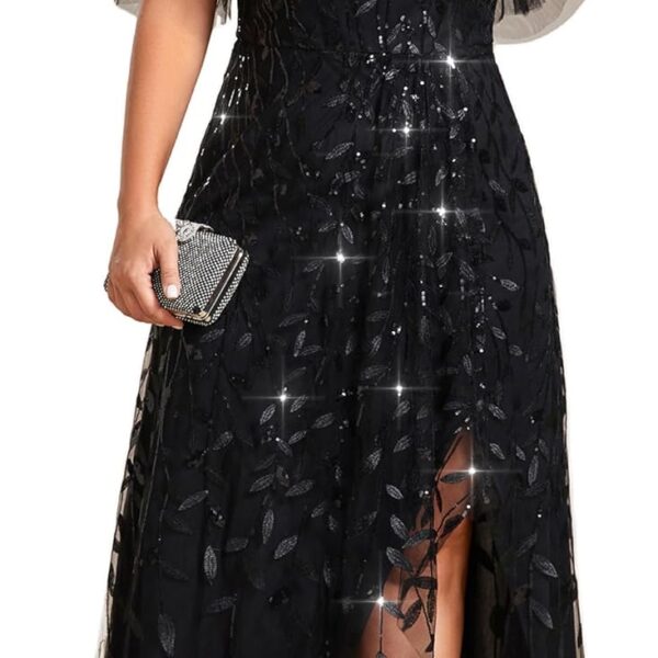 Ever-Pretty Women's Sequin Short Sleeve Plus Size Formal Dresses A Line High Low Slit V Neck Evening Dress