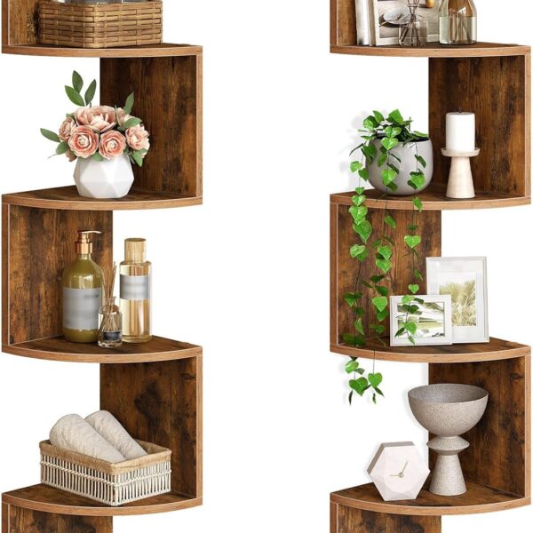 HOOBRO Corner Shelf Wall-Mounted, Set of 2 Floating Corner Shelves for Wall, 4-Tier Corner Bookshelves for Living Room, Bedroom, Bathroom, Home Office, Rustic Brown BF25BJP201