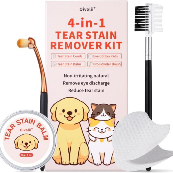 Tear Stain Remover Kit for Dogs & Cats with Tear Stain Comb, Tear Stain Balm, Eye Cotton Pads, Pro Powder Brush Gently Remove Tear Stain, Eye Debris, Discharge, Mucus Secretions