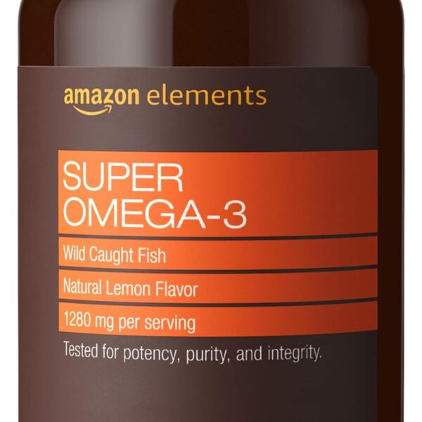 Amazon Elements Super Omega-3, Wild-Caught Fish Oil, Natural Lemon Flavor, EPA & DHA Omega-3 Fatty Acids, 1280 mg per Serving, 120 Softgels (Packaging may vary)