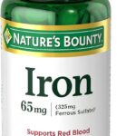 Natures Bounty Iron 65mg, 325 mg Ferrous Sulfate, Cellular Energy Support, Promotes Normal Red Blood Cell Production, 1 Serving Per Day, Gluten Free, 100 Vegetarian Tablets