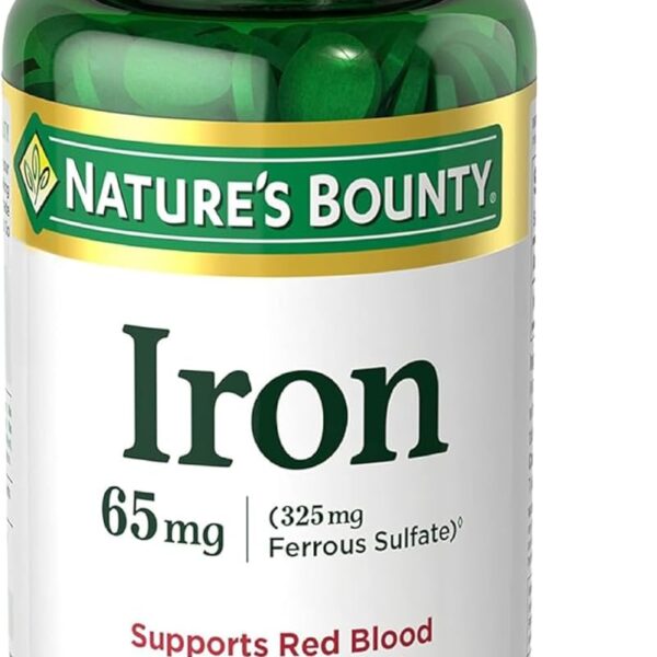 Natures Bounty Iron 65mg, 325 mg Ferrous Sulfate, Cellular Energy Support, Promotes Normal Red Blood Cell Production, 1 Serving Per Day, Gluten Free, 100 Vegetarian Tablets