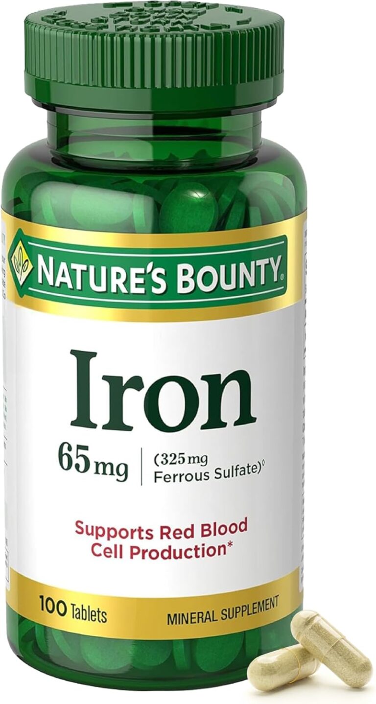 Natures Bounty Iron 65mg, 325 mg Ferrous Sulfate, Cellular Energy Support, Promotes Normal Red Blood Cell Production, 1 Serving Per Day, Gluten Free, 100 Vegetarian Tablets
