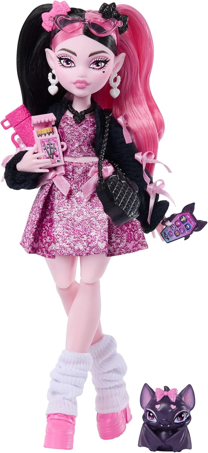 Monster High Doll, Draculaura in Pink Bow Dress and Black Cardigan with Pet Bat Count Fabulous and 7 Accessories Like Ramen, Lipstick and Purse Monster High Doll, Draculaura in Pink Bow Dress and Black Cardigan with Pet Bat Count Fabulous and 7 Accessories Like Ramen, Lipstick and Purse