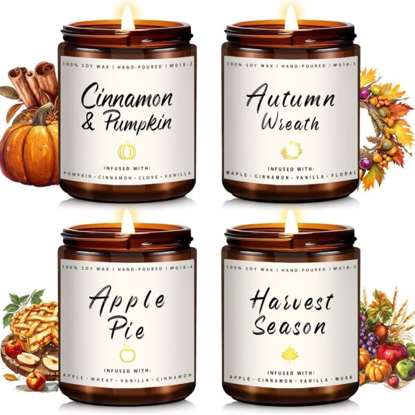 Auelife Fall Candle Set | 4 Pack Scented Candles for Home - Candle Gifts for Women Men, Soy Candles Home Scented | Autumn Fragrance of - Apple Pie/Cinnamon/Harvest/Wreath