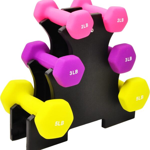 Fitvids Set of 6 Neoprene Dumbbell Hand Weights, Set with Rack: 2/3/5 Pairs