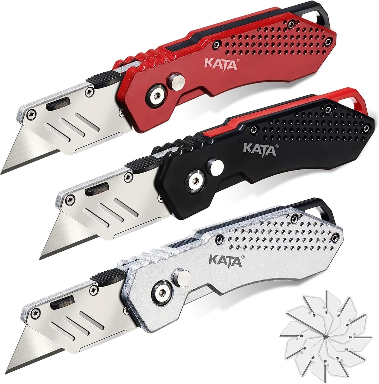 KATA 3-Pack Heavy Duty Box Cutter Folding Utility Knife With Zinc Alloy Body, Quick Change Blades, Lock-Back Design, Extra 12pc Blades For Cartons, Cardboard and Boxes KATA 3-Pack Heavy Duty Box Cutter Folding Utility Knife With Zinc Alloy Body, Quick Change Blades, Lock-Back Design, Extra 12pc Blades For Cartons, Cardboard and Boxes