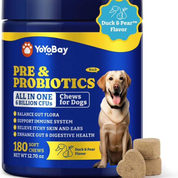 Probiotics for Dogs - Dog Probiotics for Digestive Health, Yeast, Itchy Skin, Gut Health, Immune & Skin - 6 Billion CFUs, 180 Soft Chews, Duck & Pear Flavor - with Prebiotics & Digestive Enzymes